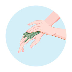 Blue cosmetic clay application for hand skin care. A cosmetic beauty treatment for the fingernails and hands. Spa routine icon for infographics, presentations, web design, poster, banner. Modern flat