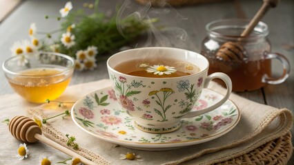 Chamomile tea served in a floral cup with honey on a rustic wooden table surrounded by fresh chamomile flowers
