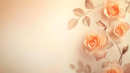 un fondo liso color pastel con espacio de copia con flores de rosas con hojas decorativas elegante para tarjeta de felicitacion o dia de la madre para boda o diseño de plantilla