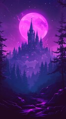 Naklejka premium Fantasy castle stands tall under a vibrant purple moon