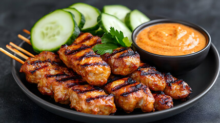 Fototapeta premium Grilled chicken satay with peanut sauce and cucumber. Food photography for recipe blogs