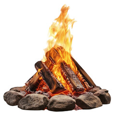 Fiery Flame Rising from Bonfire Isolated on Transparent Background
