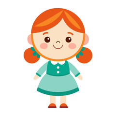 A cheerful doll toy stands smiling in a colorful dress, featuring red pigtails and bright facial expression, capturing the joy of childhood play