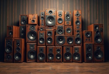 Obraz premium Large stack of vintage wooden music audio speakers. Retro amplifier loudspeaker cabinets for sound reproduction, entertainment. Sound system for concerts, party, studio, dj. High fidelity stereo tech