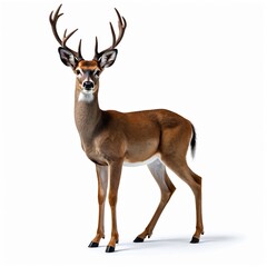 Obraz premium Full body shot of white-tailed deer standing isolated on transparent png background. Cut-out object element, herbivore from north america with antlers and tail useful for design compositions.