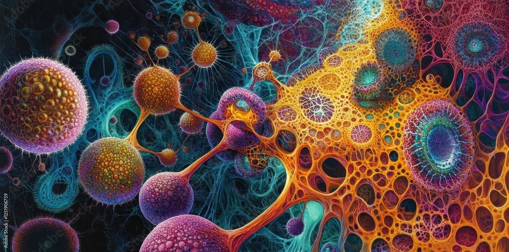 Fototapete microscopic view showcasing a network of interconnected spherical organic structures