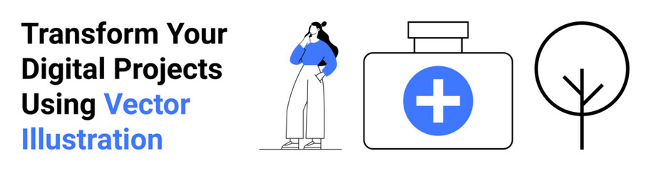 Obraz premium Woman thinking, medical bottle with cross, minimal tree outline. Ideal for healthcare, creative projects, digital solutions, environment, education, branding flat landing page banner