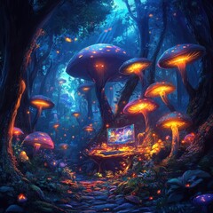 A magical forest with glowing mushrooms and a computer