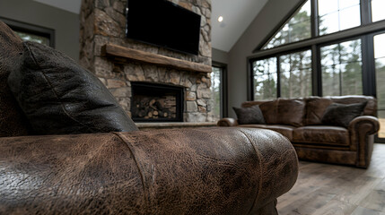 Cozy leather sofas near fireplace in luxury home