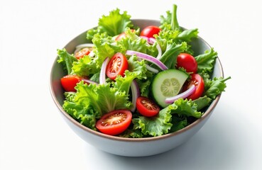 Illustration of vegetable salad in bowl lettuce, tomatoes, cucumbers, onion rings. Fresh healthy vegetarian food for lunch, balanced diet. Food photography, culinary concept, organic ingredients.