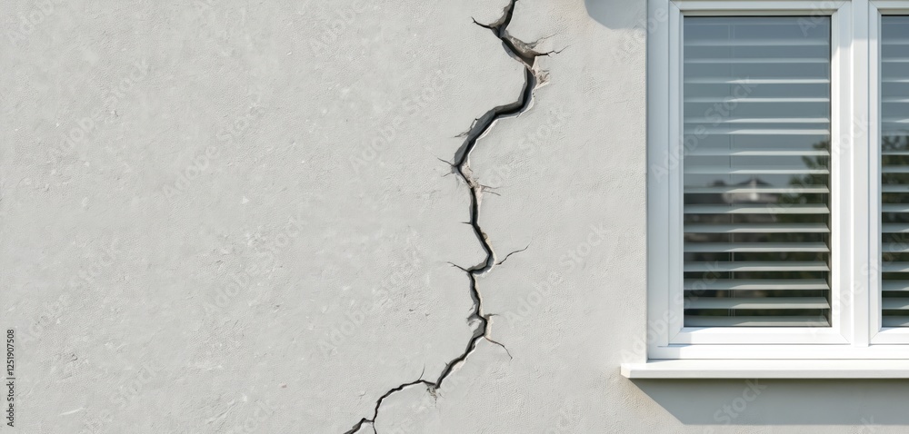Poster close-up grey wall with large crack running through. building damage by earthquake concept. shows co