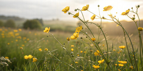 Wildflowers in sunlit meadow swaying in gentle breeze on warm summer afternoon