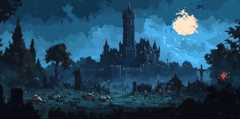 Pixel art castle looms over a spooky graveyard at night