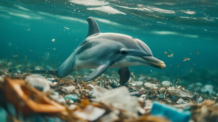 Fototapeta premium Dolphin swimming through ocean litter highlighting pollution