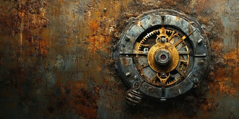 Fototapeta premium Intricate clock mechanism with visible gears set within a rusty wall