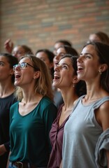 Obraz premium Group of young females rehearse singing in choir. Several girls with open mouths look up performing, practice vocal harmony. They are wearing casual clothes, have positive emotions during rehearsal.