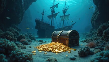 Sunken shipwreck with treasure chests sits ocean floor among coral. Gold coins scattered around. Marine life swims nearby a wreck. Exploration discovery adventure mystery underwater scene shown.
