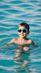 Naklejka premium child sea a swims sunglasses children sea summer beach fun happy vacation children girl sunglasses water holiday lifestyle leisure pool caucasian happiness sun people little joy travel blue childhood