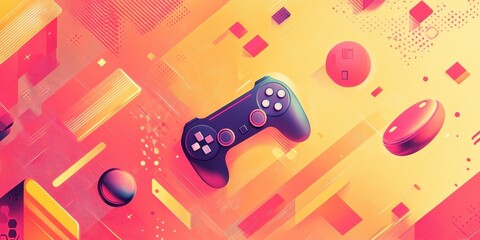 Gaming controller floats against abstract colorful geometric background design