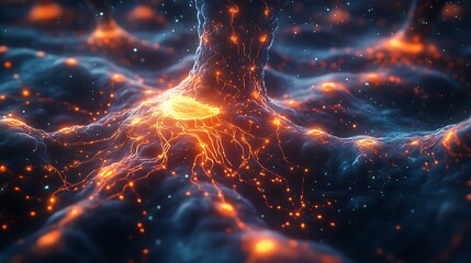 Artistic depiction of glowing bio-circuits formed by microscopic cellular structures