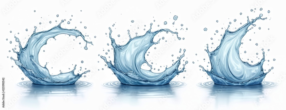 Poster isolated illustration displays water splash with various shapes on transparent backdrop. it shows li