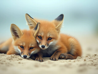 Obraz premium Cute small foxes walking on sand in sunny summer day. wild baby red foxes cuddling at the beach. desert fox, tiny european red fox cub looking at the camera, wild animal in natural habitat