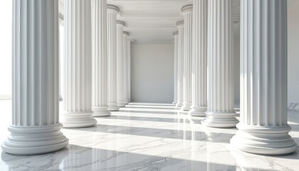 3D rendering of white marble corridor with classic pillars. Roman colonnade with shiny marble floor. Elegant interior, structure with tradition. Rendered architecture with ballroom entrance.