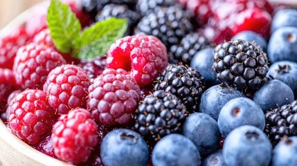 Close-up of mixed berries in bowl. Colorful fresh fruit. Healthy breakfast