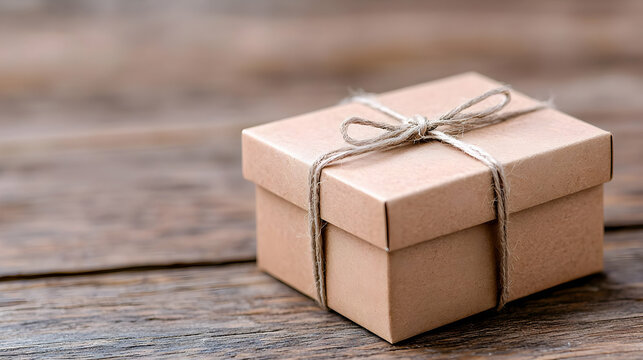 Rustic gift box on wooden surface, string tied bow,  perfect for blogs