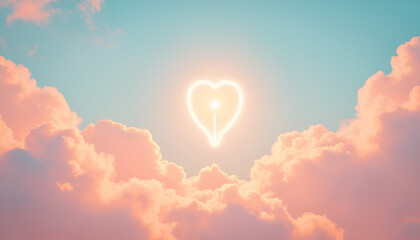 Fototapeta premium Glowing heart shape in clouds against pastel sky, Light bulb with heart inside, International Day of Charity 