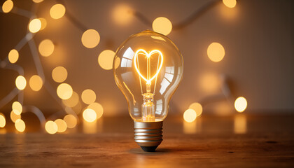 Light bulb with heart-shaped filament on wooden table, Light bulb with heart inside, International Day of Charity 