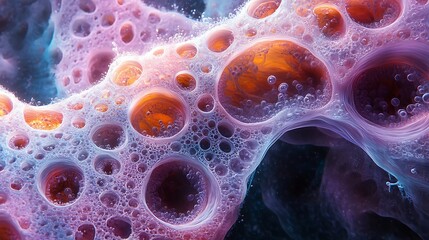 Abstract composition of microscopic cells dynamically forming new pathways