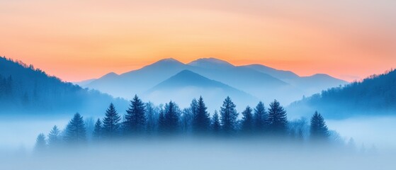 Fototapeta premium Sunrise over misty mountains nature landscape tranquil wilderness serene atmosphere