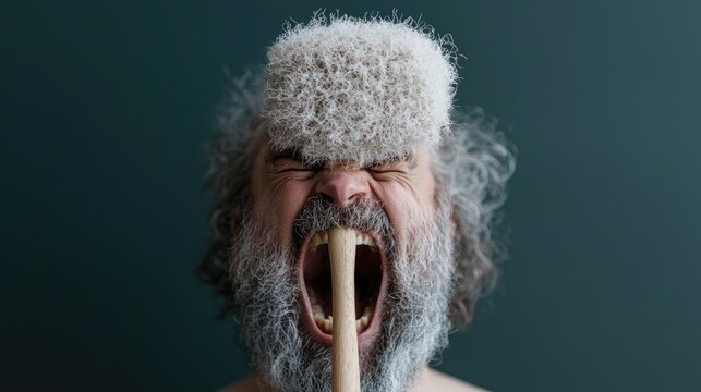Man with large brush on forehead, angry expression, wooden mallet in mouth.  Possible use Humor, conceptual art