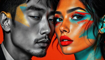 Striking contrast in makeup: Bold colors meet monochrome elegance portrait