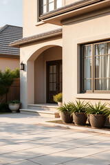 Luxury Home Exterior: Modern Architectural Design, Elegant Entrance, and Landscaped Garden