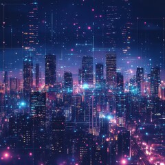 Fototapeta premium A digitally enhanced cityscape glows with vibrant lights at night