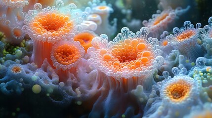 Artistic portrayal of a digital microscopic ecosystem with self-organizing cellular patterns