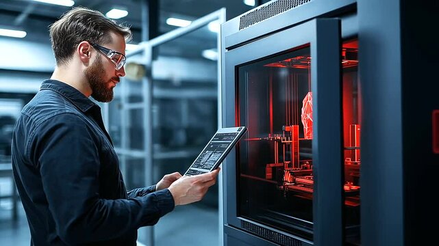 An engineer standing near a D printer in an advanced industrial plant, monitoring printing precision and material flow data on a handheld tablet.