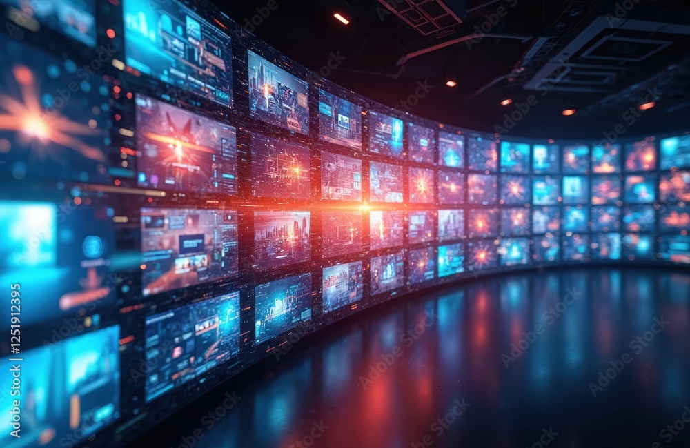 Aufkleber Displays many abstract images on digital media. The tech wall represents streaming platforms and social channels with vibrant colours. It shows cyberspace with innovative online data.