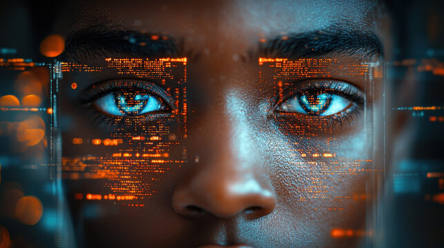 Close-up of coder with futuristic screens displaying programming languages and tech symbols