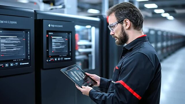 An engineer standing near a D printer in an advanced industrial plant, monitoring printing precision and material flow data on a handheld tablet.