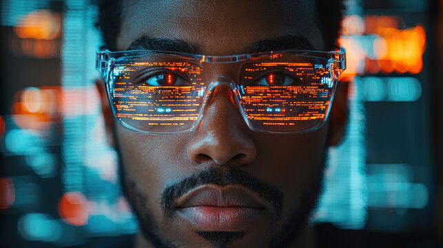 Close-up of a coder with futuristic tech reflecting programming languages in glasses