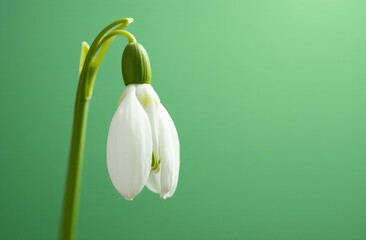 Obraz premium Close up of single spring flower - snowdrop on sage mint background. Horizontal concept of green shoots of spring rebirth of nature during seasonal transition