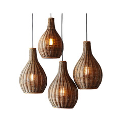 Woven Rattan Pendant Light - Three Hanging Wicker Lights Isolated on Transparent Background
