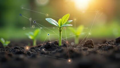 Digital integration in agriculture concept with growing seedling in soil, high-tech data transfer visualization. Germinating plant sprout, environmentally friendly innovation, future agriculture,