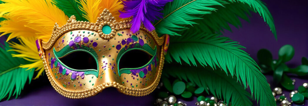 Mask with colorful feathers and golden decorations, mysterious art of mardi gras carnival.