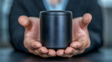 Person presenting black canister, office background, product display