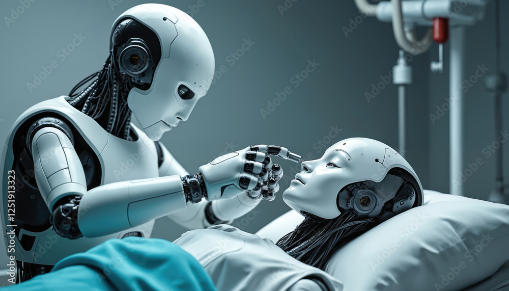 Poster ai robot performs operation another humanoid robot in hospital. artificial intelligence robots repai