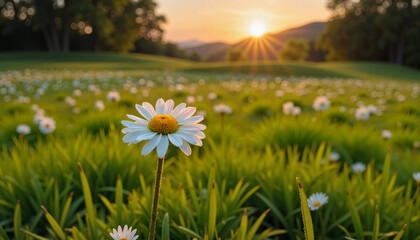 Blooming daisy in dewy meadow at dawn, symbol of renewal